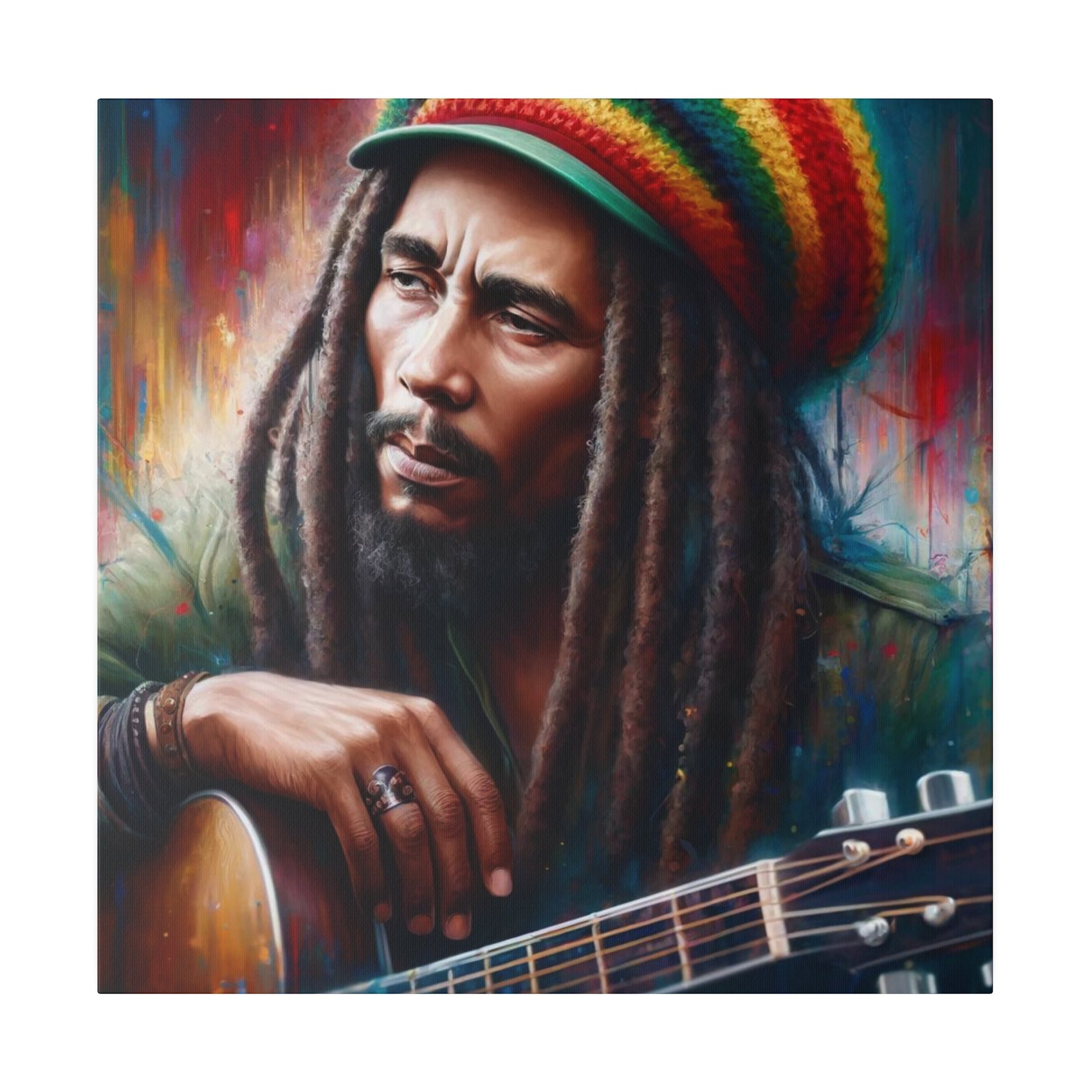 An artistic portrayal of Bob Marley with his guitar and dreadlocks. The colorful background highlights his iconic status and musical legacy.