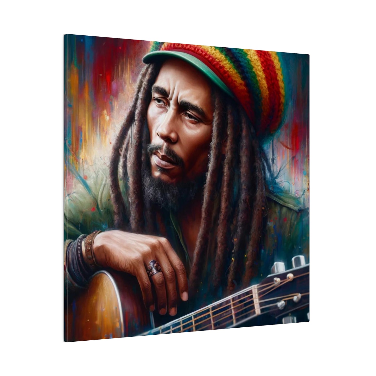 An artistic portrait of Bob Marley with a colorful background. He is shown with his guitar and dreadlocks, capturing his iconic presence.