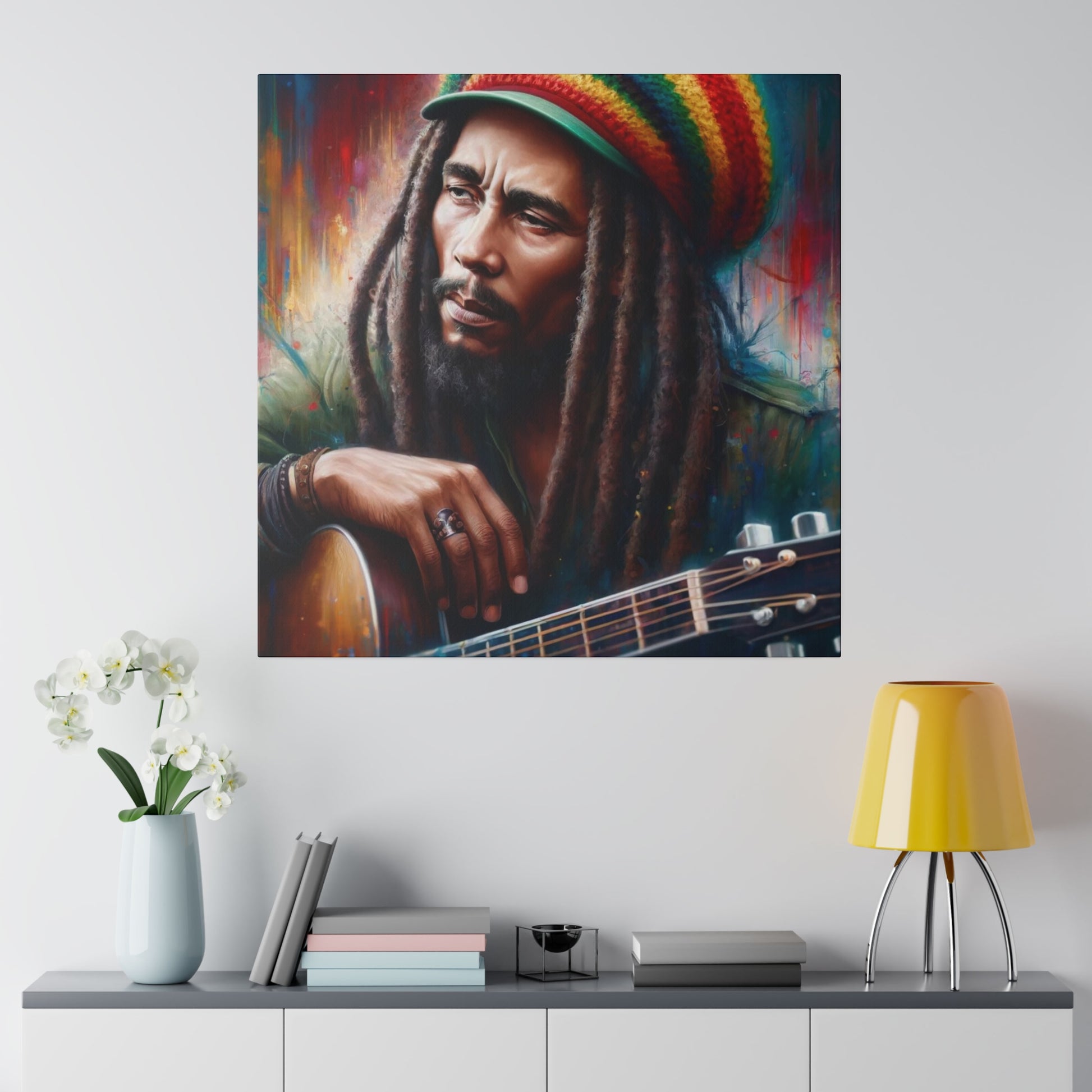 Bob Marley, a cultural icon, depicted with his guitar and dreadlocks. The colorful background emphasizes his impact on music and culture.