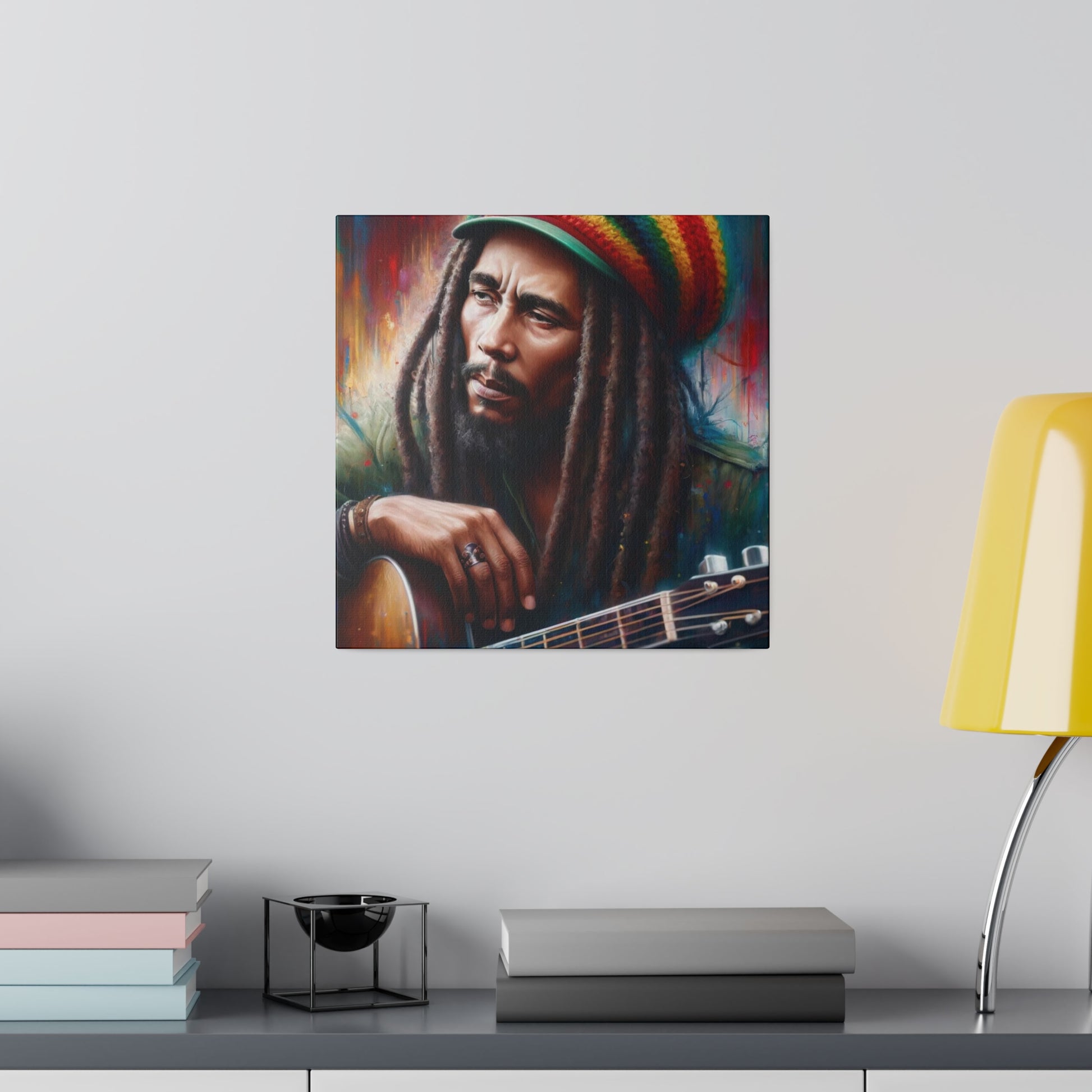 A close-up portrait of Bob Marley with his distinctive dreadlocks and a guitar. The colorful background enhances the image, emphasizing his iconic status.