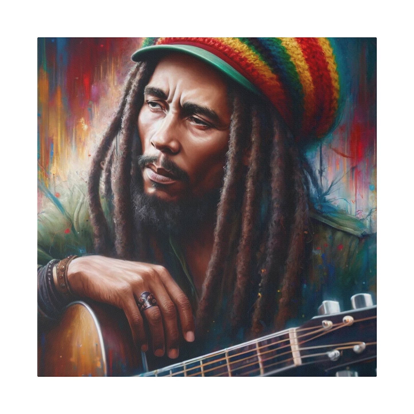 A striking image of Bob Marley playing the guitar. His dreadlocks and Rasta hat are prominent, set against a colorful, artistic background.