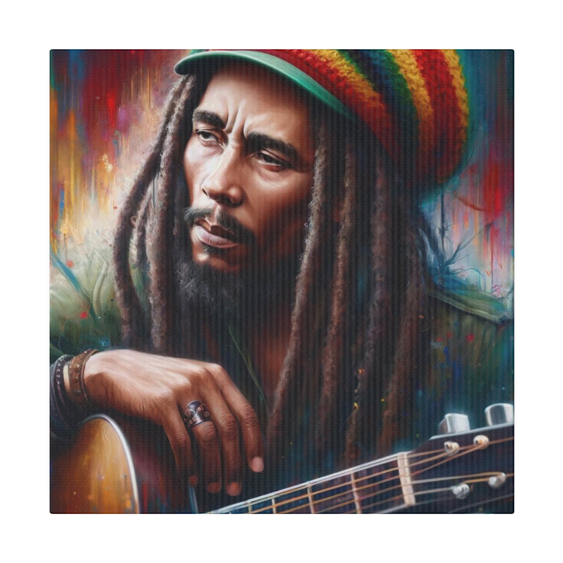 An artistic representation of Bob Marley playing the guitar. His dreadlocks and colorful Rasta hat stand out against a dynamic background, showcasing his musical legacy.