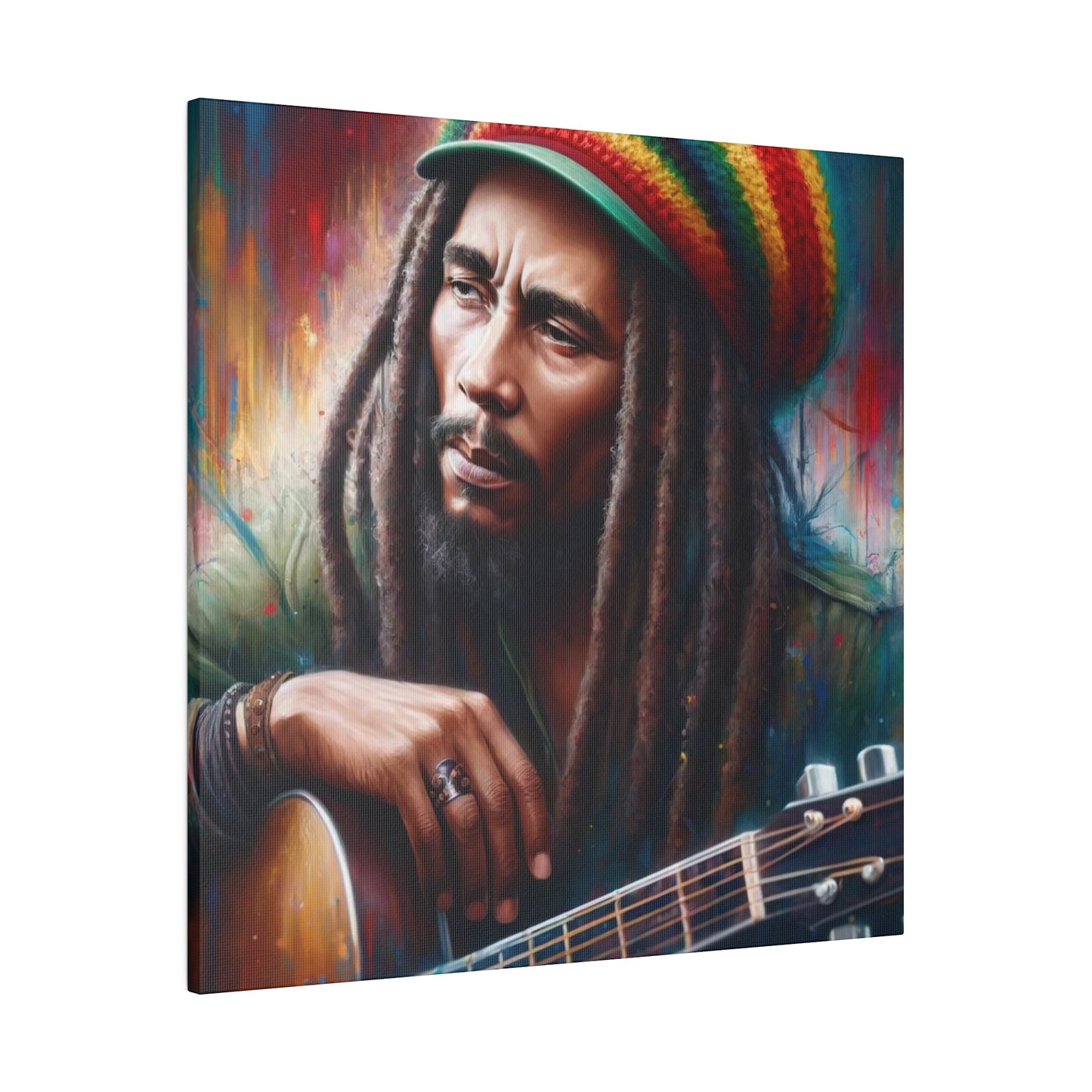 A vibrant portrait of Bob Marley playing the guitar. His iconic dreadlocks and Rasta hat stand out against a colorful, artistic background.