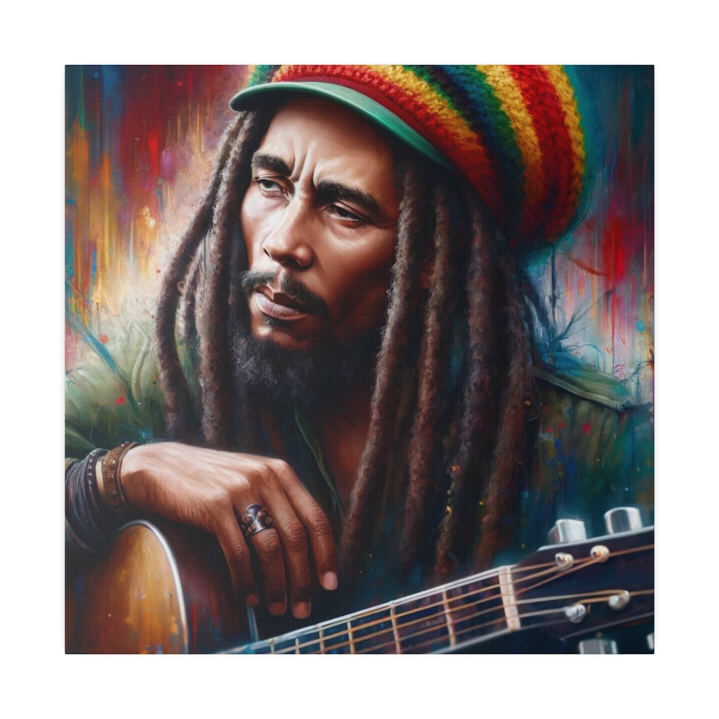 A vivid portrait of Bob Marley, the music icon, featuring his guitar and dreadlocks. The colorful background enhances his dynamic presence in the music industry.