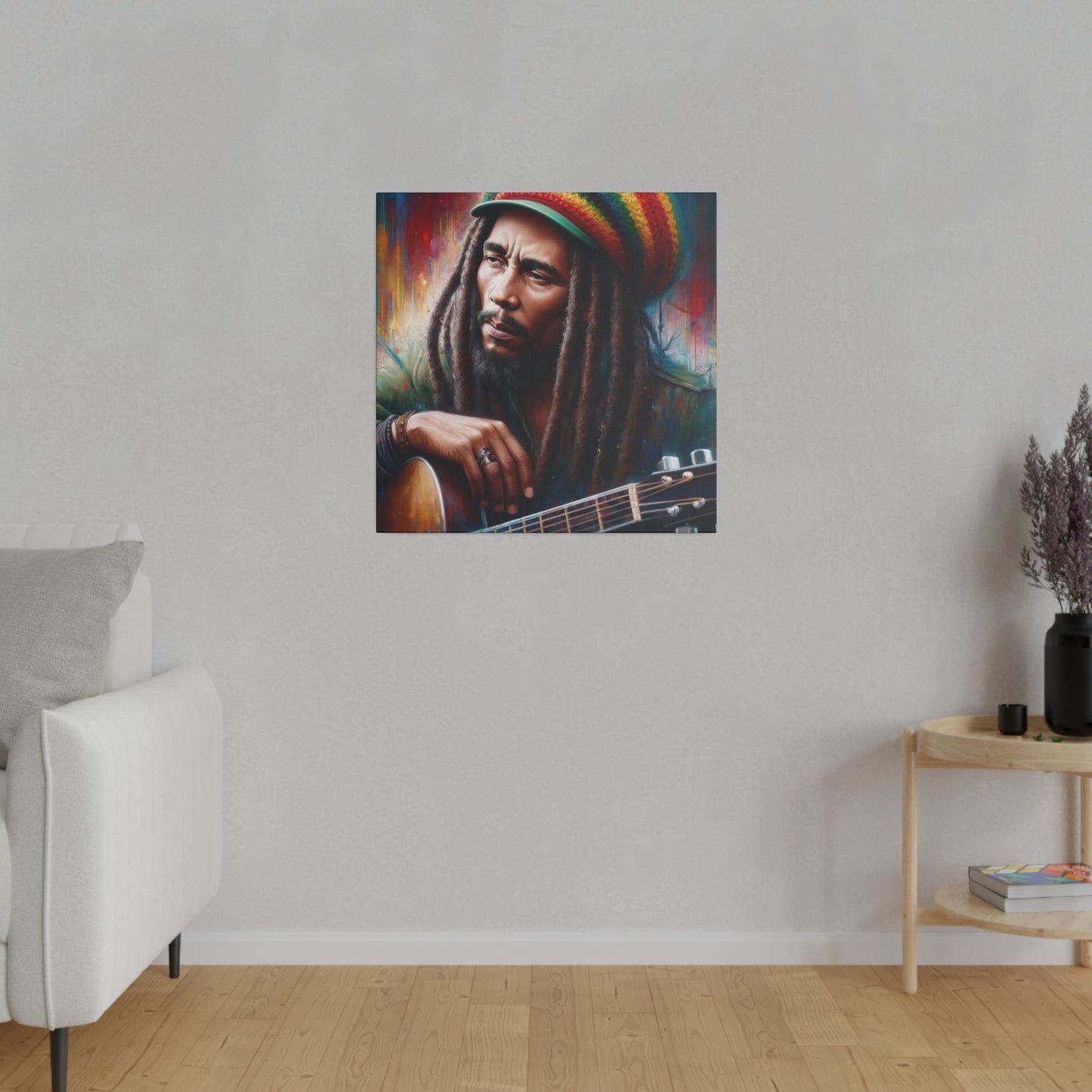 An iconic portrait of Bob Marley, showcasing his thoughtful expression and dreadlocks. He is holding an acoustic guitar, with a colorful background adding vibrancy to the image.