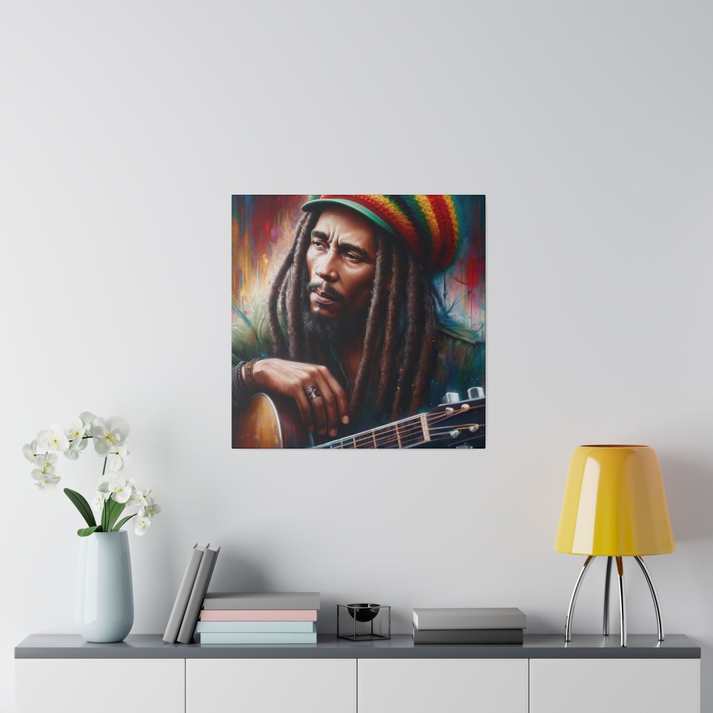 An inspirational portrait of Bob Marley, featuring his guitar and dreadlocks. The vibrant background captures his essence as a musical legend.