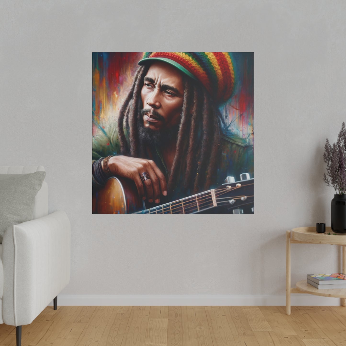 A music icon, Bob Marley, shown with his guitar and dreadlocks. The vibrant, artistic background enhances the legendary feel of the portrait.