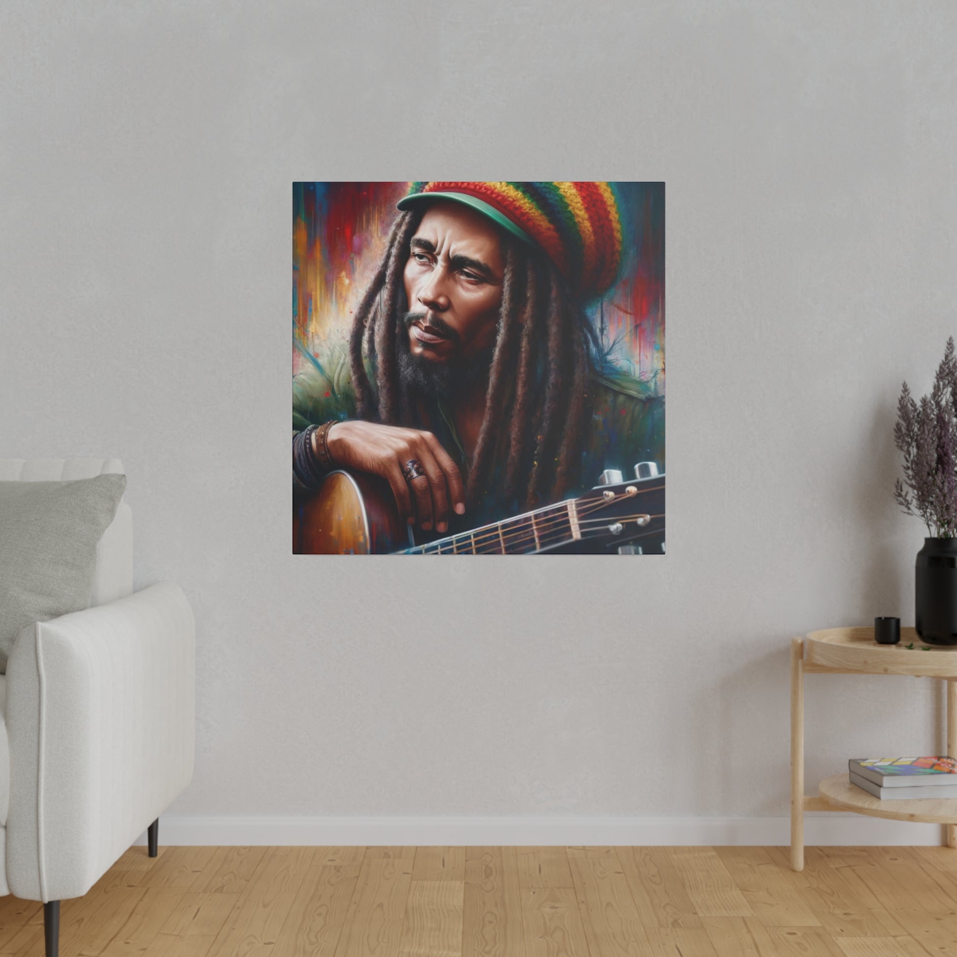 A legendary music figure, Bob Marley, shown in a vibrant portrait with his guitar and dreadlocks. The colorful background adds to the artistic feel of the image.