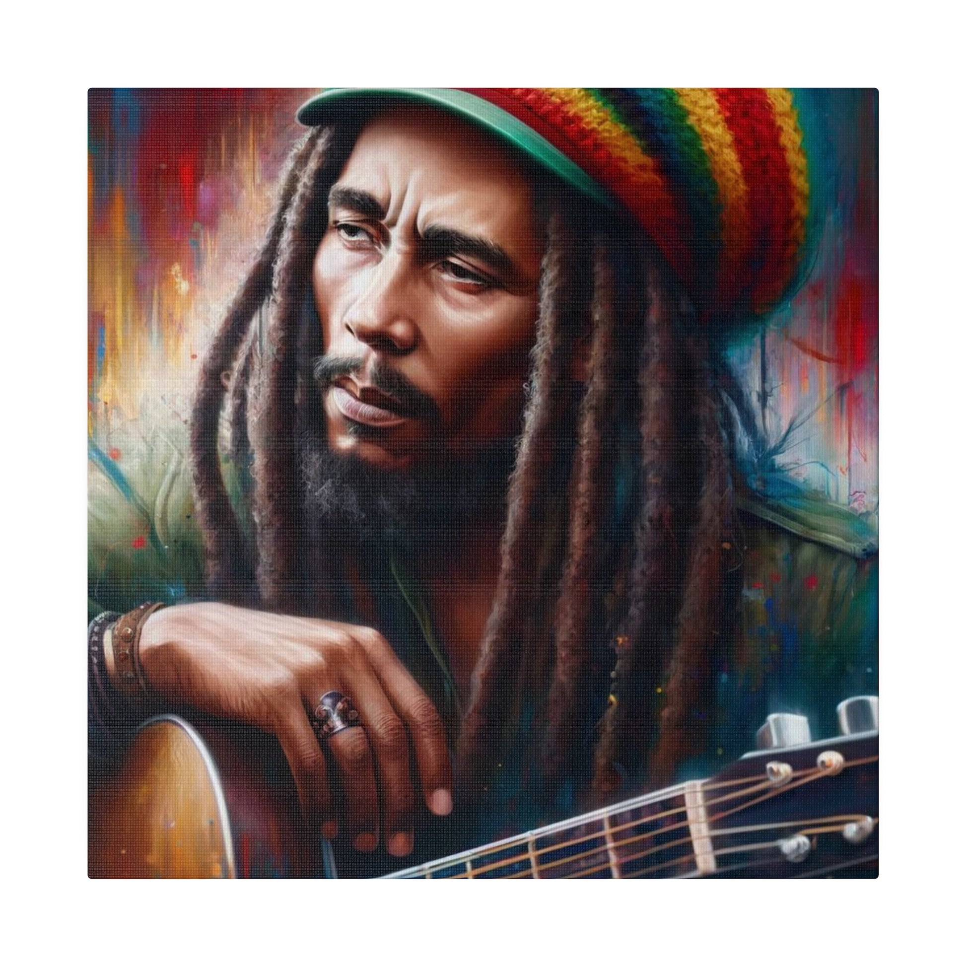 A portrait of Bob Marley, the legendary musician, with his iconic dreadlocks and a guitar. The colorful background adds a dynamic touch to the image.