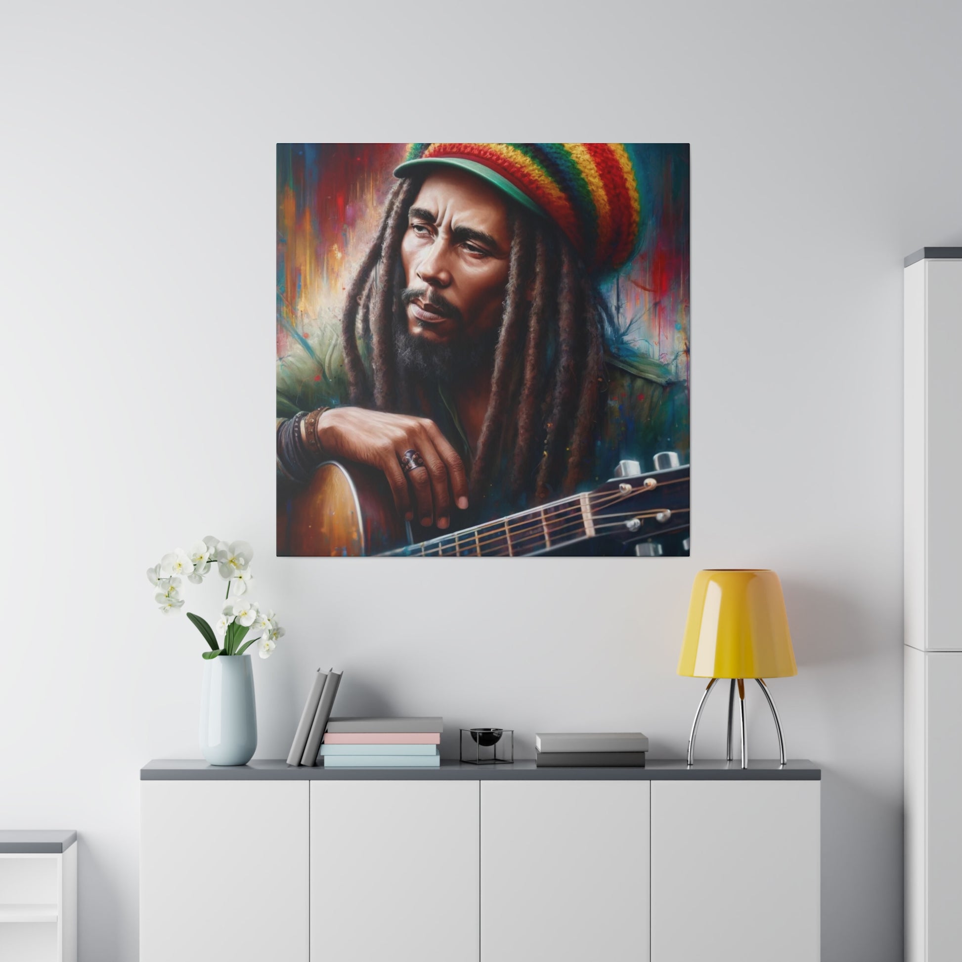 Bob Marley, the Rasta legend, captured in a colorful portrait with his guitar. His thoughtful expression and dreadlocks are prominently displayed.