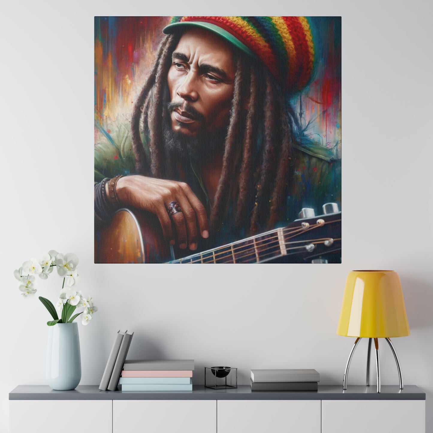 Bob Marley, the Rasta music legend, captured in an artistic portrait with his guitar. The colorful background highlights his influential presence in the music world.