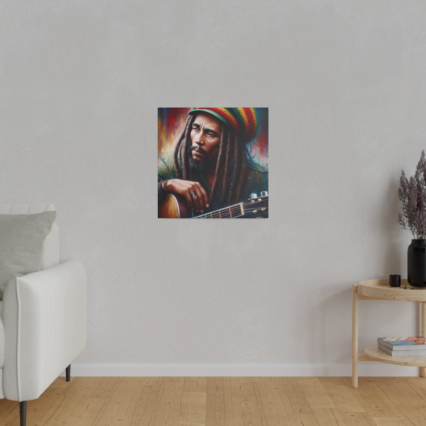 Reggae hero Bob Marley depicted with his guitar and dreadlocks. The colorful background enhances the dynamic and vibrant nature of the portrait.