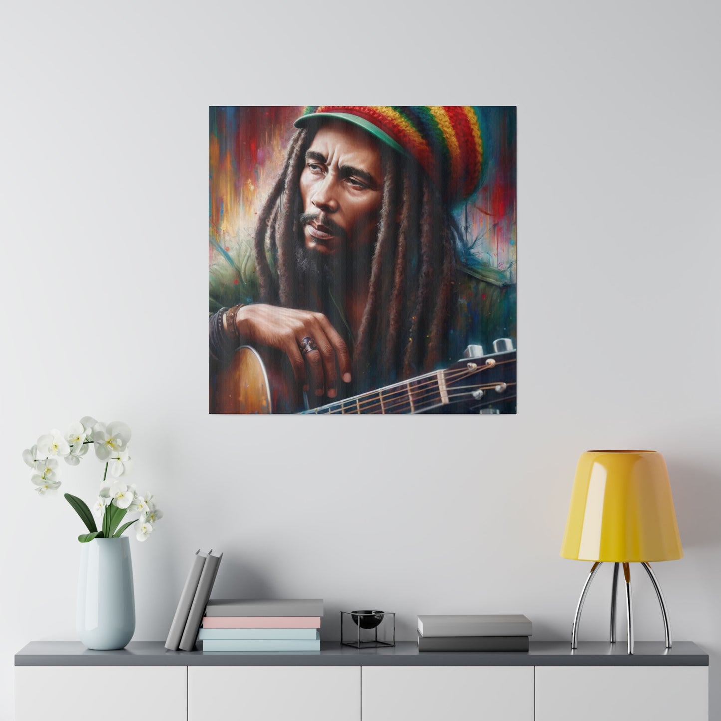 Reggae icon Bob Marley depicted with his guitar and distinctive dreadlocks. The vibrant background highlights his cultural and musical influence.