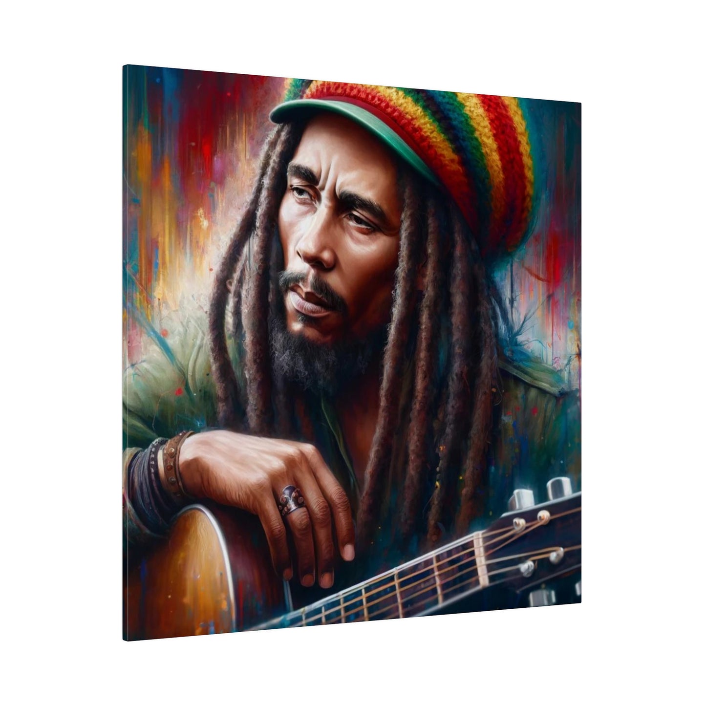 Reggae legend Bob Marley in a colorful portrait. He is holding a guitar and wearing a Rasta hat, with his dreadlocks prominently displayed.