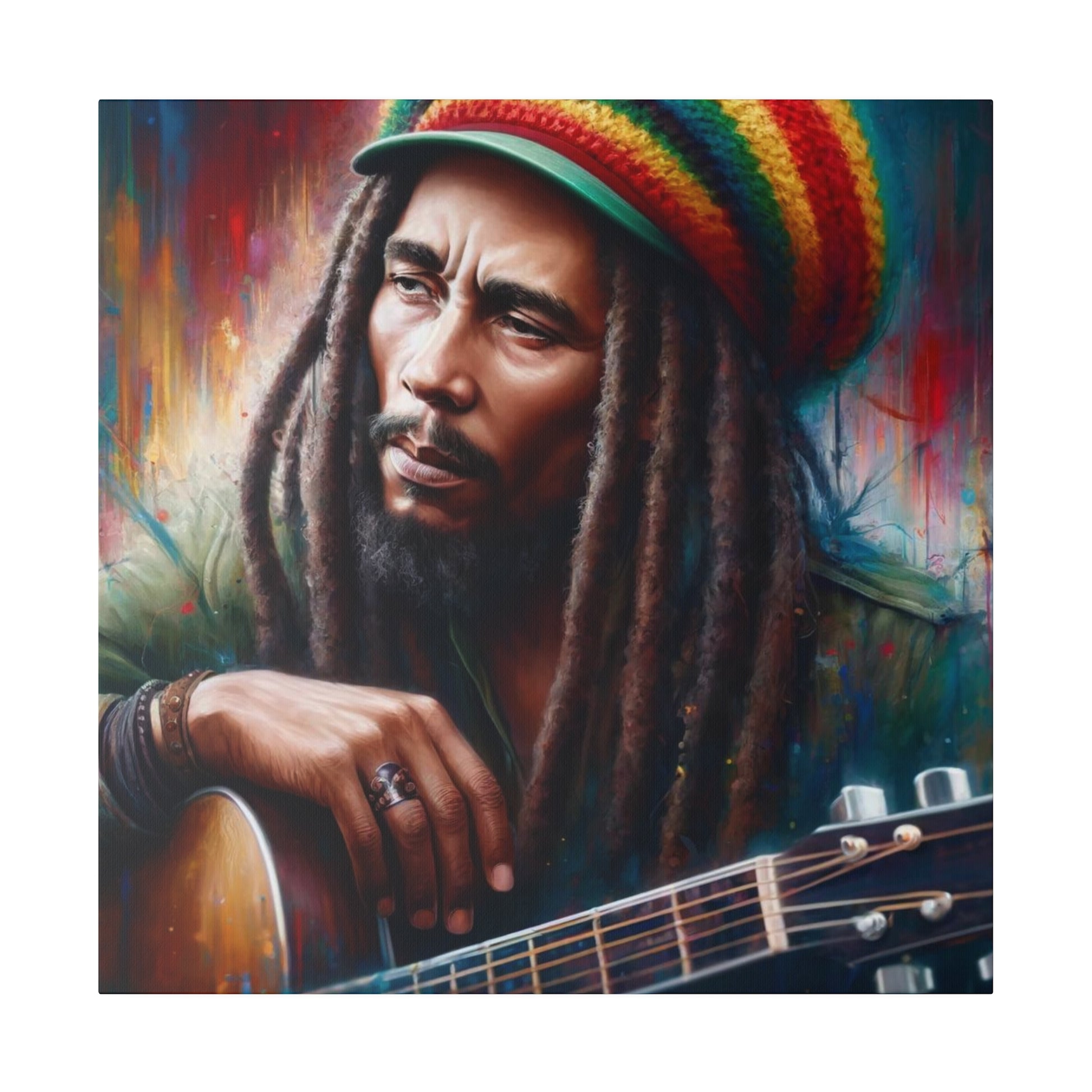 A vibrant portrait of Bob Marley, highlighting his dreadlocks and guitar. The colorful background adds a dynamic touch to the image, capturing his musical essence.