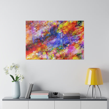 Abstract colorful painting with red, yellow, blue splashes hangs on a light wall above a console with a pale blue vase of white orchids,
