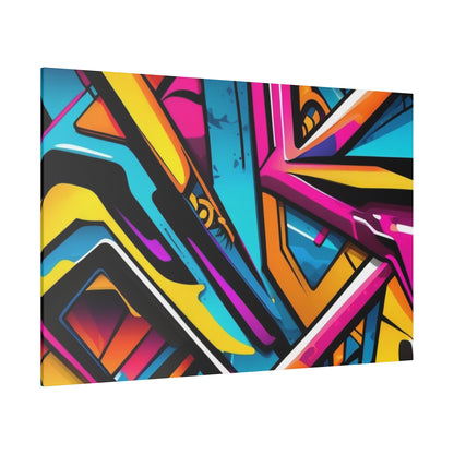 Abstract graffiti artwork on a rectangular canvas featuring bright yellow, blue, pink, orange geometric shapes and black outlines.