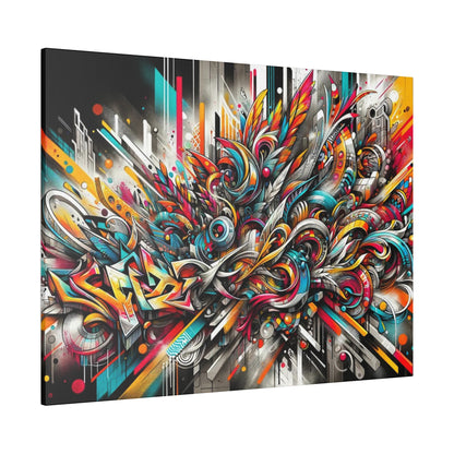 Colorful abstract graffiti mural on canvas with swirls, arrows, and geometric shapes in reds, blues, and yellows.