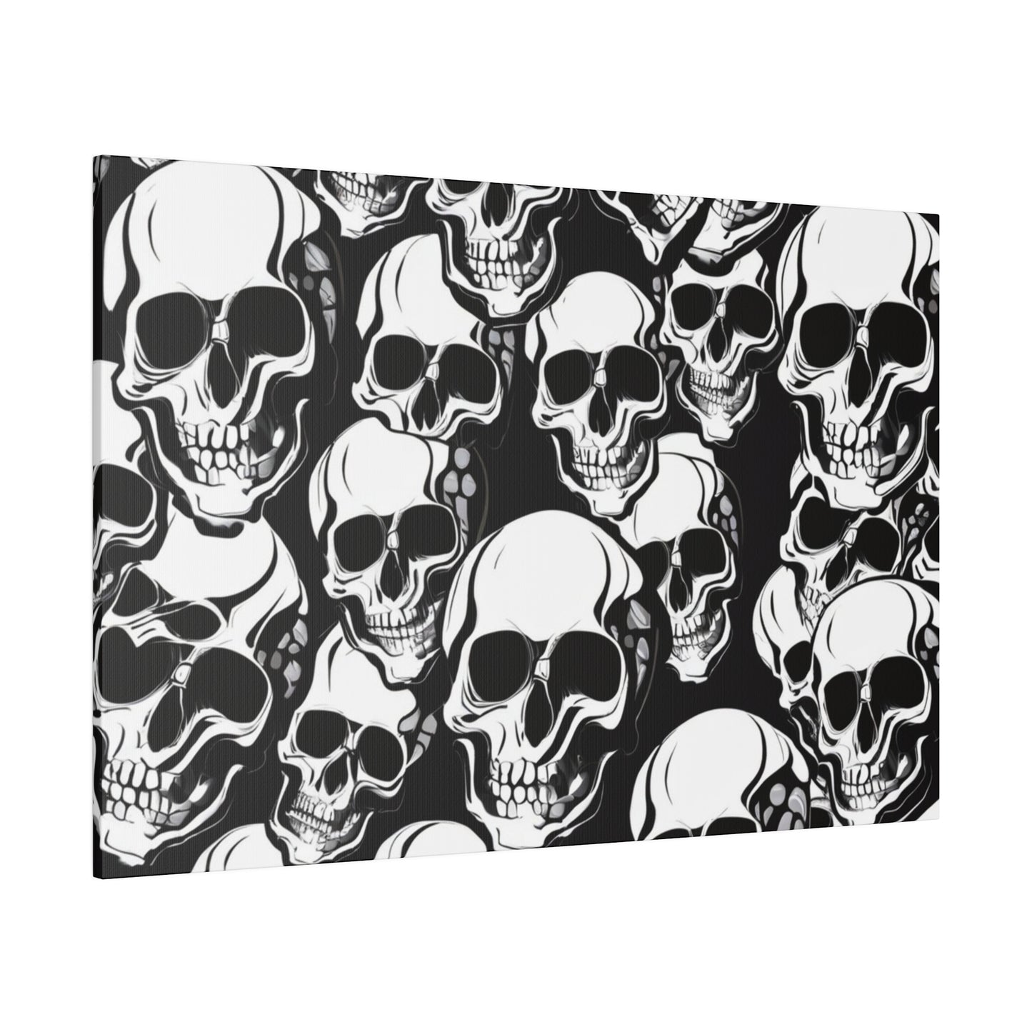 Canvas print showing a dense mosaic of white skulls against a black background.