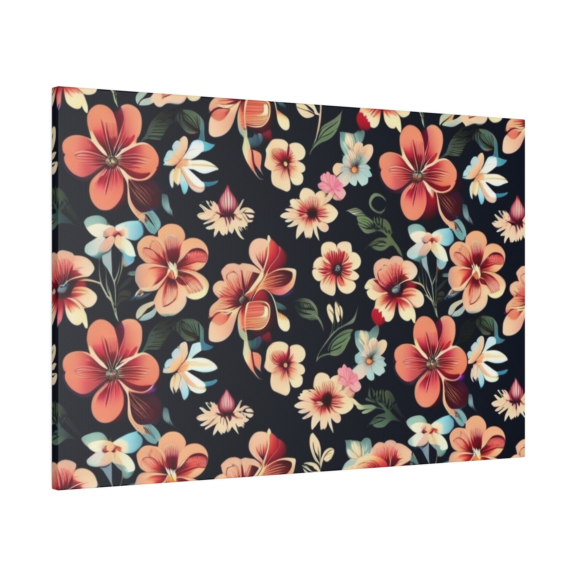Canvas print featuring a dark navy background with peach, pink, orange, and blue flowers and green leaves in a tropical floral pattern.