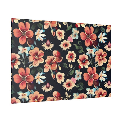 Canvas print featuring a dark navy background with peach, pink, orange, and blue flowers and green leaves in a tropical floral pattern.