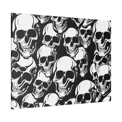 A dense pattern of white skulls on a black background, repeated across the canvas.