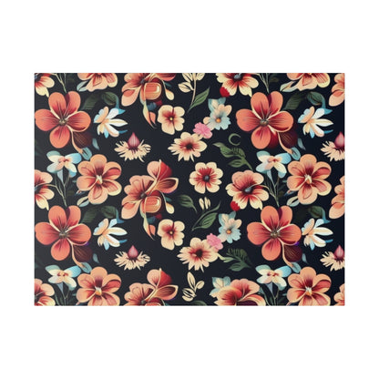 Navy fabric with a colorful tropical floral pattern in orange, pink, and pale blue flowers.