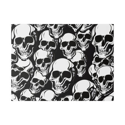 Dense, repeating pattern of white skulls with black shading on a black background.