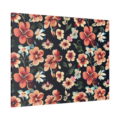 Rectangular canvas print with a dark navy background and multicolored tropical floral pattern in pink, coral, peach, and blue.