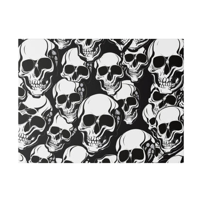 Black-and-white fabric with a repeated pattern of skull illustrations on a dark background.