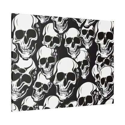 Canvas print featuring a dense pattern of white skulls on a black background.