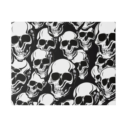 Pattern of white skull illustrations on a black background, densely arranged.