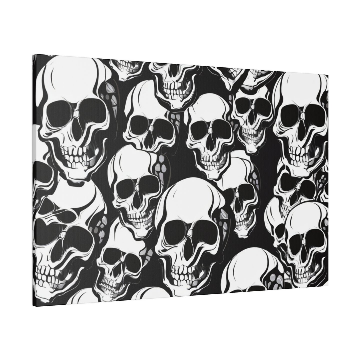 Canvas print displaying a dense pattern of overlapping white skulls on a black background.