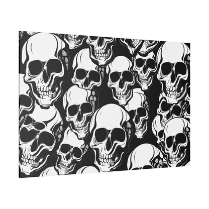 Canvas print showing a dense black-and-white pattern of overlapping human skulls.