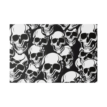 Dense pattern of white skull illustrations on a black background forming a skull-print design.