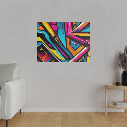 Colorful abstract geometric painting mounted on a light gray wall above a white sofa in a modern living room.