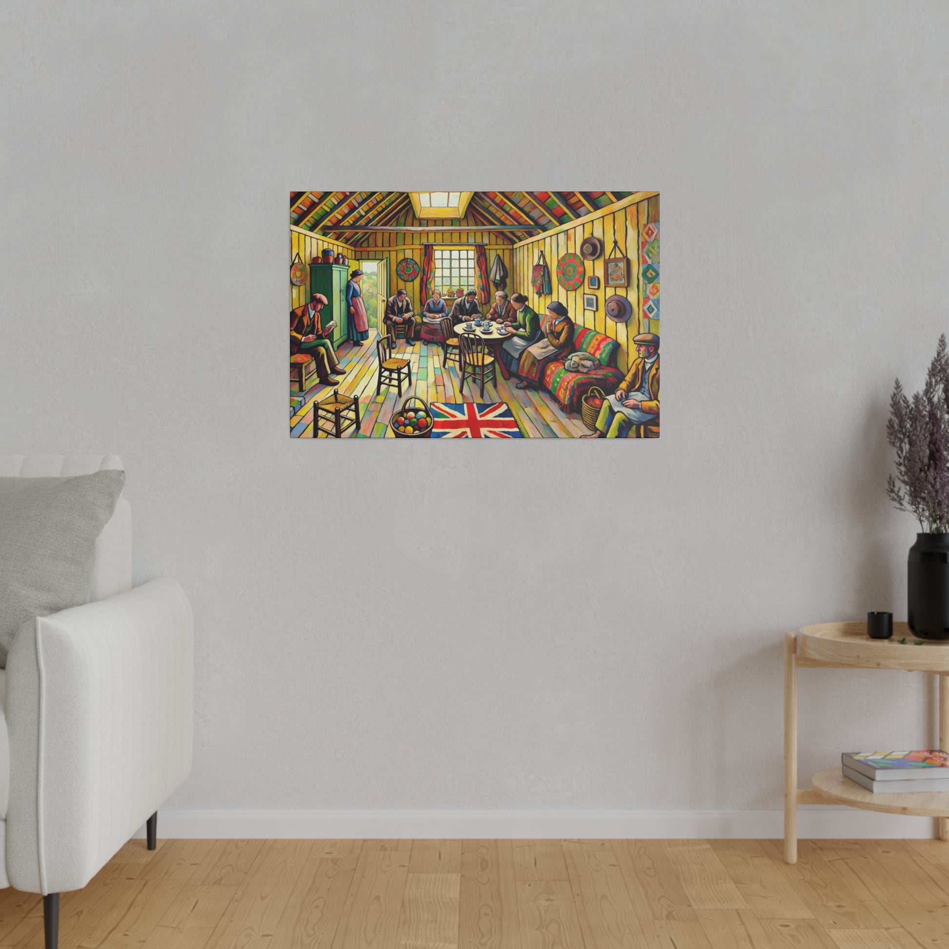 Colorful painting showing a group of people seated around a table in a cozy wooden room, with a Union Jack rug on the floor.