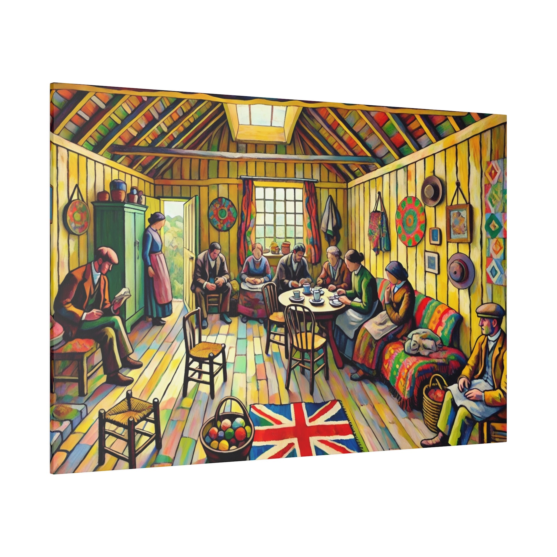 Bright, folk-art painting of a cozy, yellow-walled cottage interior with people seated around a table, Union Jack rug in the foreground.