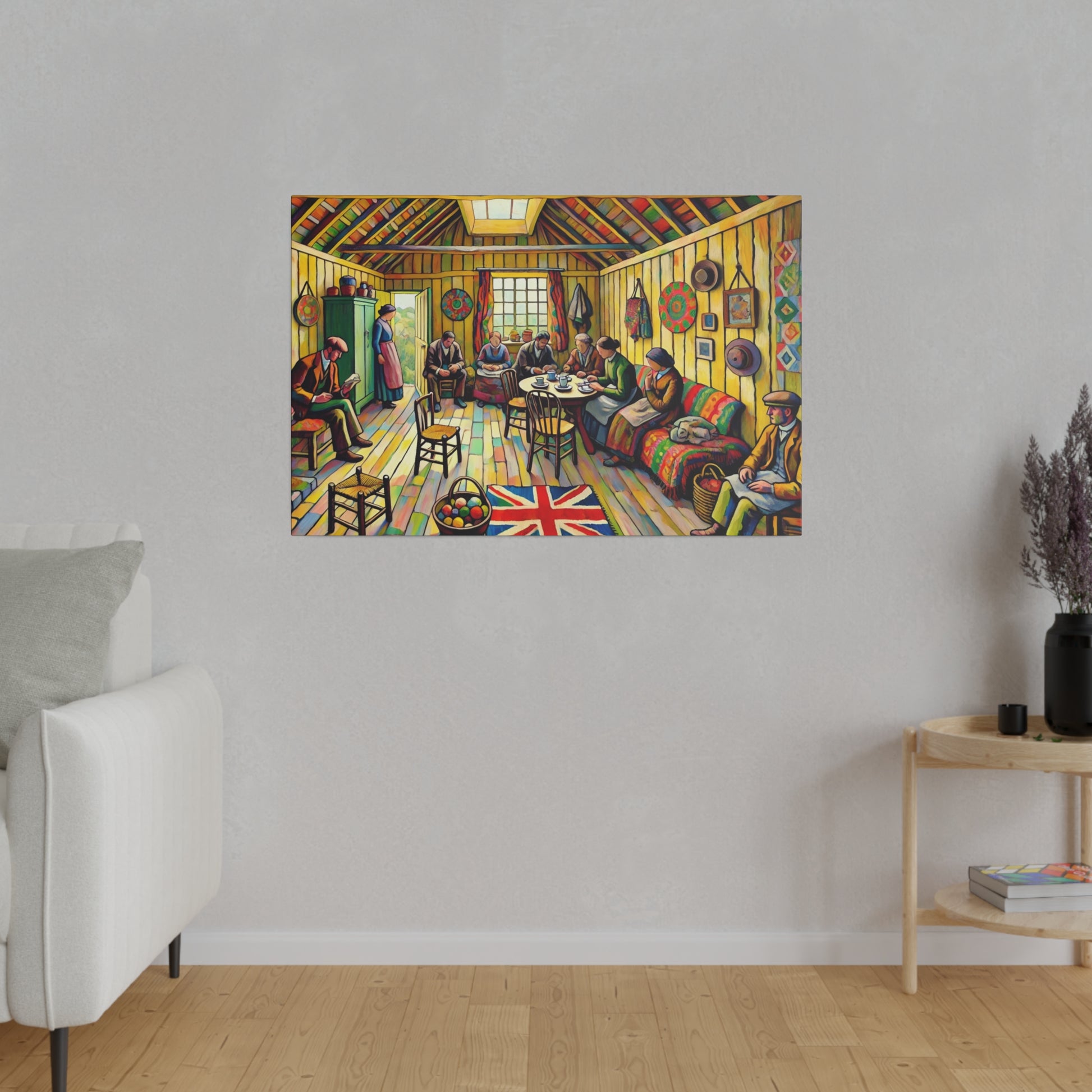 Colorful painting of a cozy British-style interior with people seated around a long table and a Union Jack rug in the foreground.