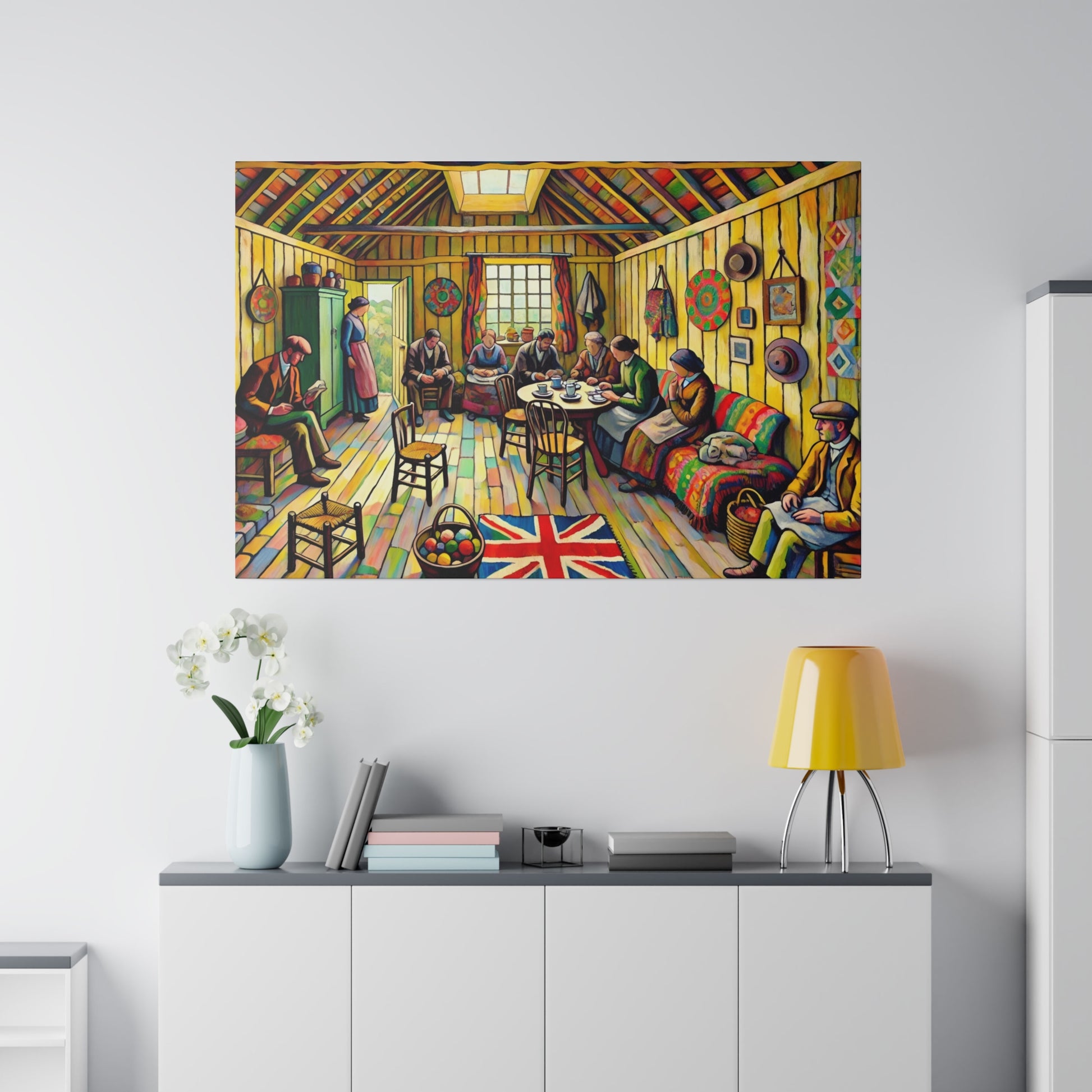 Colorful painting of a rustic indoor gathering with people seated at tables, walls lined with hats and art, and a Union Jack rug on the