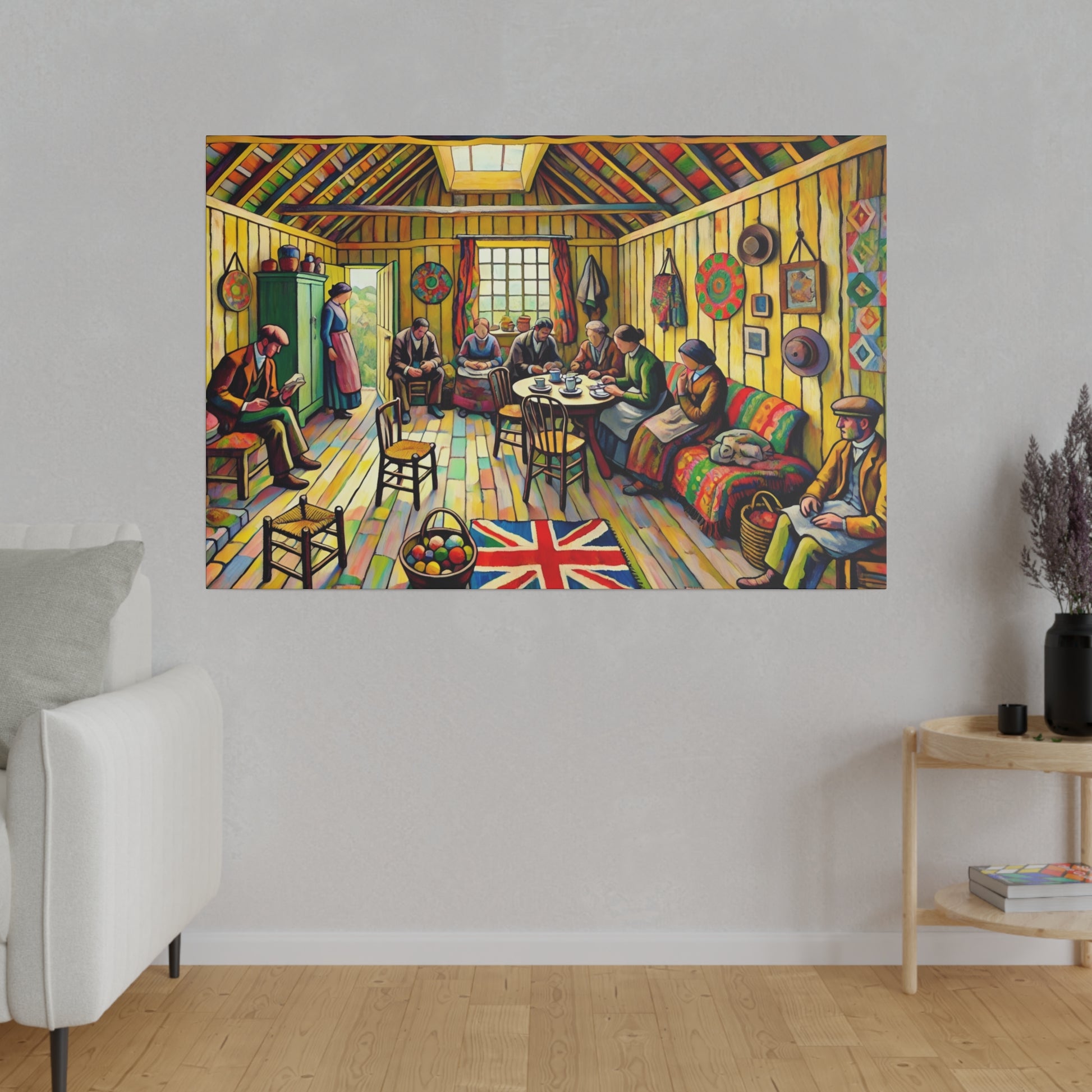 Colorful painting of a bustling indoor cafe with people seated around tables, a Union Jack rug on the floor.