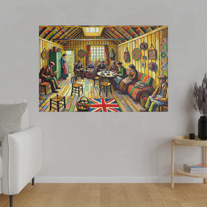 Colorful painting of a bustling indoor cafe with people seated around tables, a Union Jack rug on the floor.