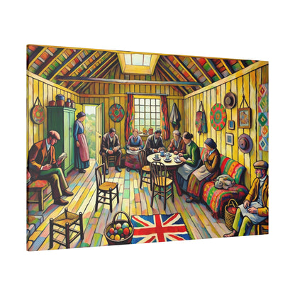 Colorful painting of a rustic yellow cottage interior with people seated around a table, British flag rug, and wall decorations.