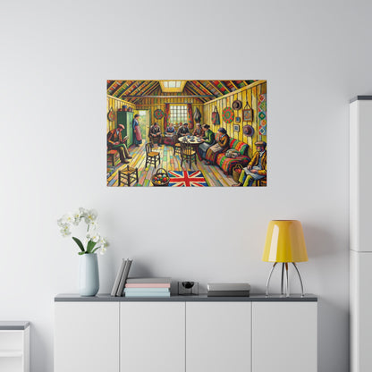 Colorful painting of a busy interior with people around a table, hung above a white sideboard in a bright room.