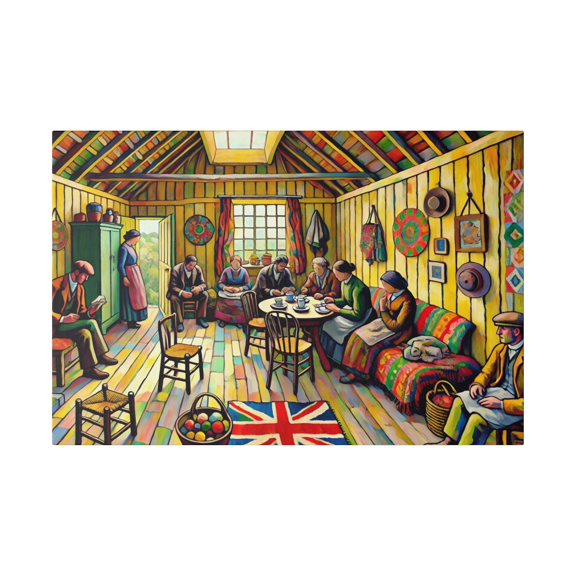 Colorful painting of a cozy dining room with people seated around a table, Union Jack rug, and yellow paneled walls.