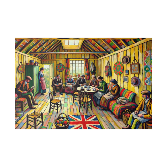 Vibrant interior painting of a crowded room with people seated around a round table; a Union Jack rug on the wooden floor.