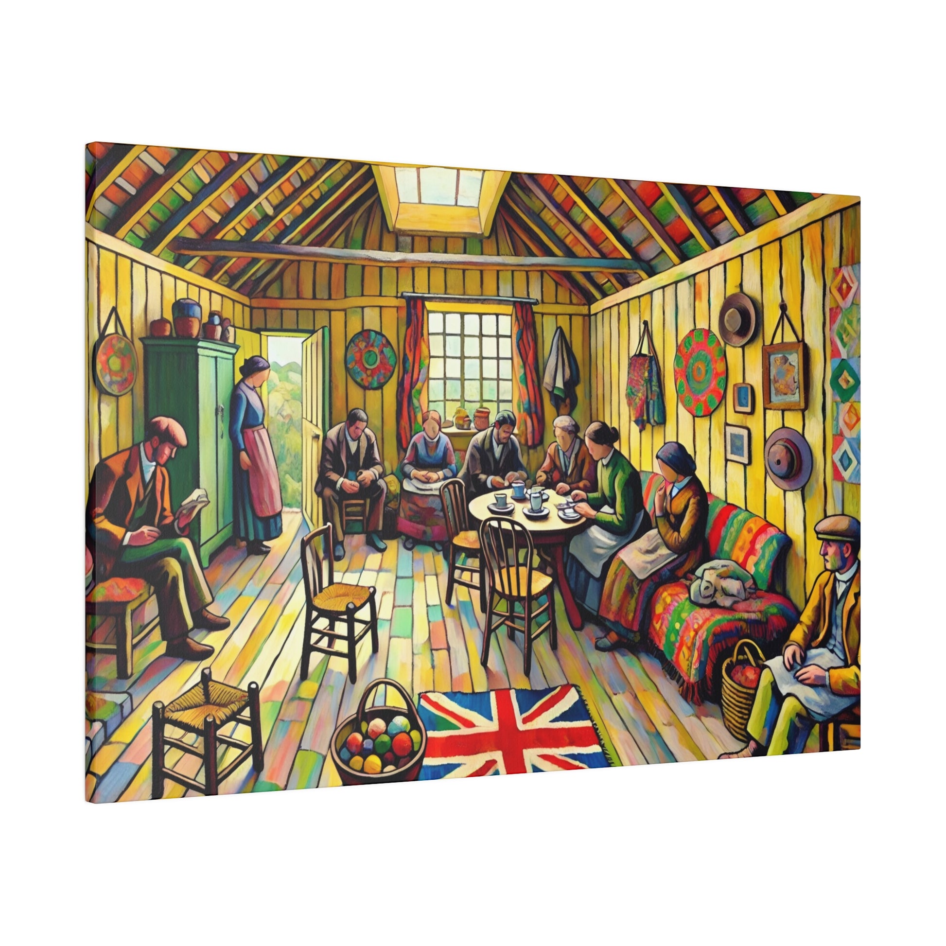 Colorful painting of a cozy, sunlit room with a group of people seated around a table, yellow walls, wooden beams, and a Union Jack rug.