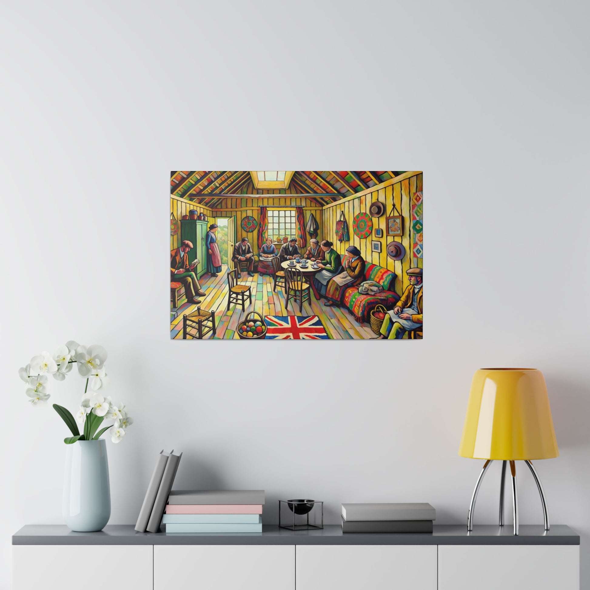 Colorful painting of a bustling interior with people seated around a long table in a warm room, featuring a Union Jack rug in the