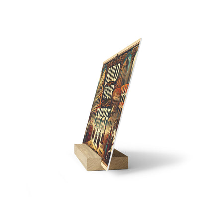 Colorful poster on a light wood easel stand, angled against a white background.