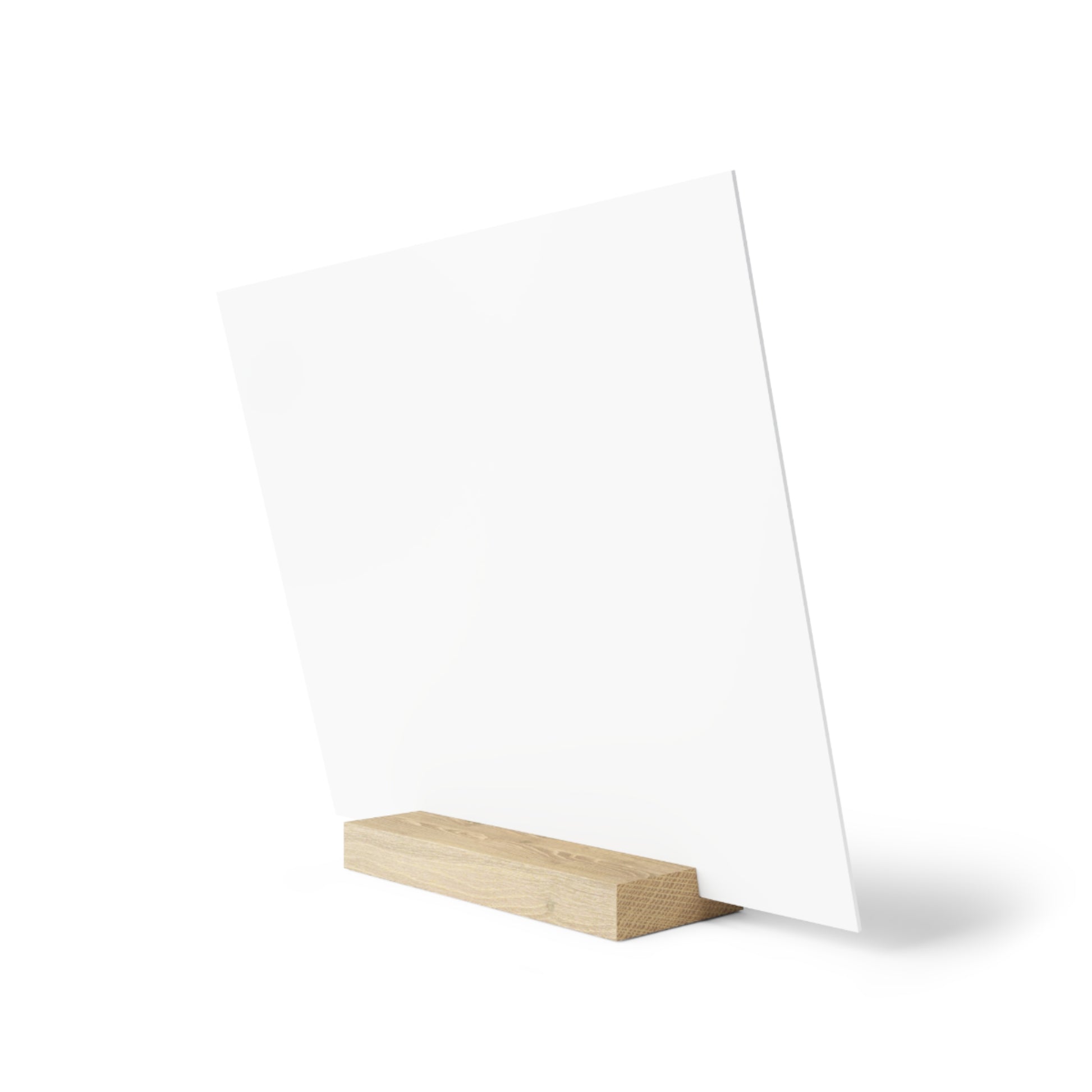 Clear acrylic display panel on a light wood rectangular base, standing upright.
